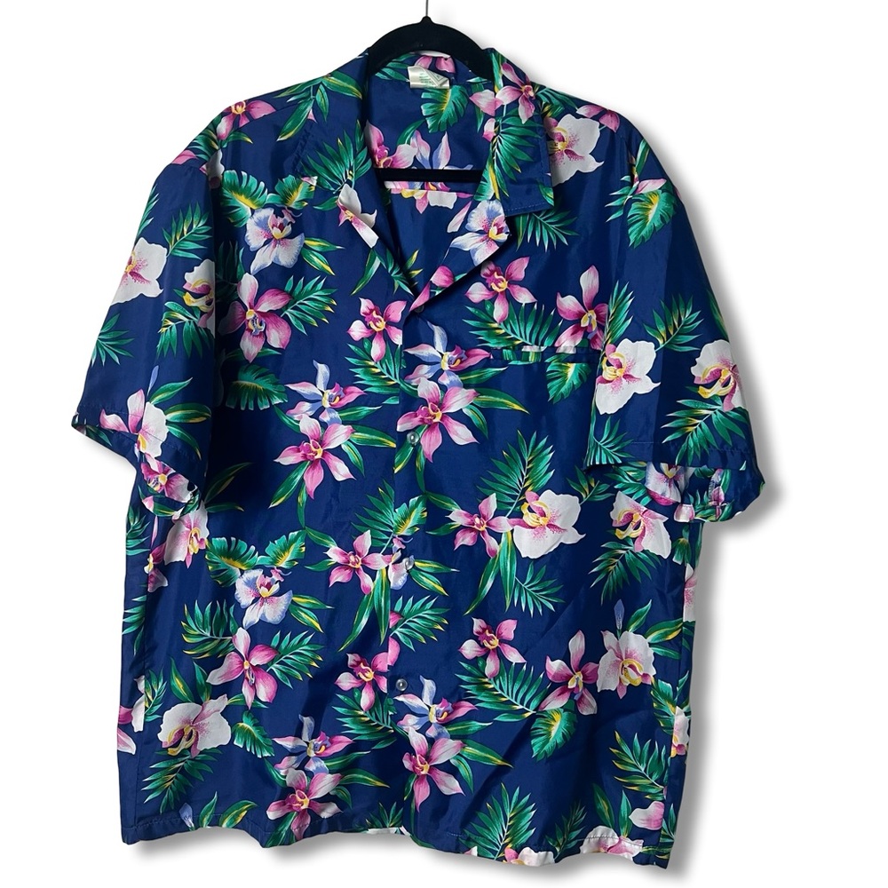 Jade Fashions Made in Hawaii Aloha Shirt Orchid‎ Floral Navy Blue VTG 90s Sz. XL